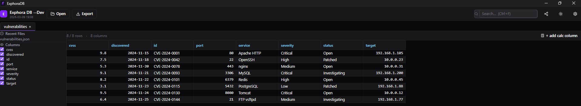 ExphoraDB on Windows with vulnerabilities.json open: columns cvss, discovered, id, port, service, severity, status and target