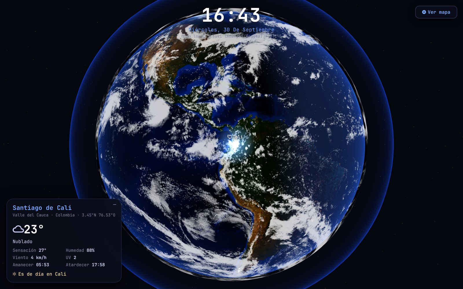 Goko: a 3D globe with Cali marked and the current weather