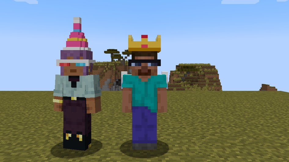 Minecraft: two players, one with a crown and sunglasses and one with a party hat and 3D glasses