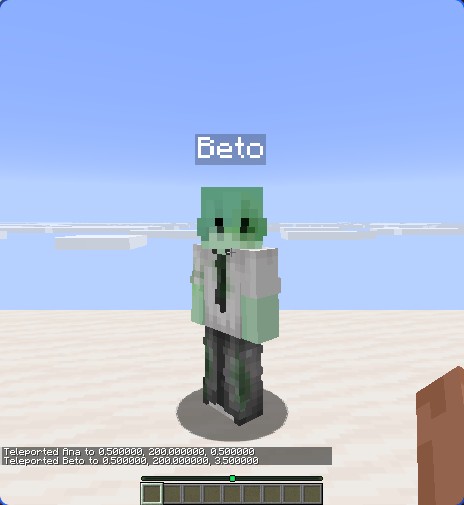 Minecraft: the player Beto wearing a custom skin, seen by Ana on a white platform