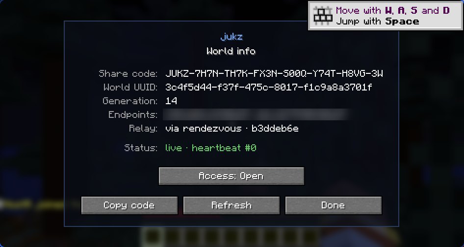 World info panel with the JUKZ code, the UUID, generation 14, the relay and a live status