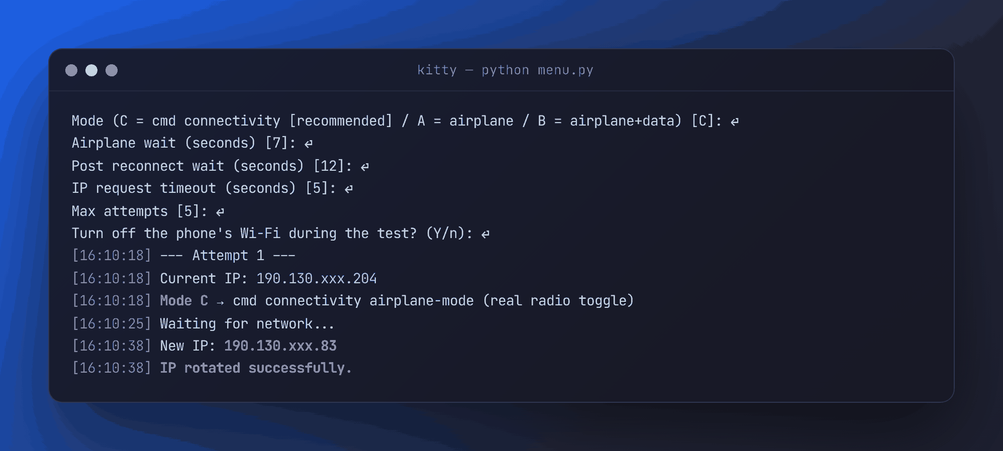 Terminal showing a real Mode C run: the IP goes from 190.130.xxx.204 to 190.130.xxx.83 on the first attempt