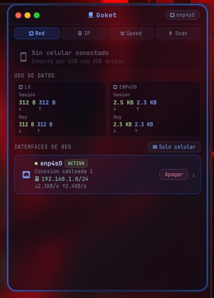Panel de Goket con las pestañas Red, IP, Speed y Scan, el uso de datos y la conexión por cable