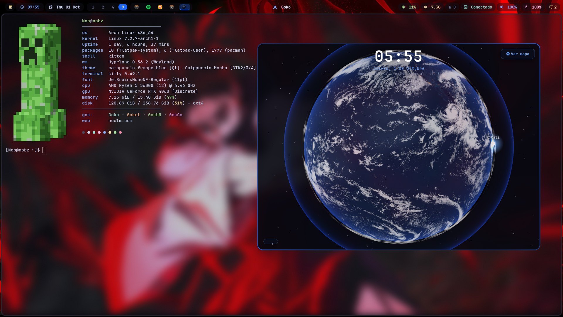 Escritorio con Hyprland: la barra de Waybar arriba, una terminal kitty con fastfetch y un creeper de Minecraft en 3D, y la ventana de Goko con un globo terráqueo